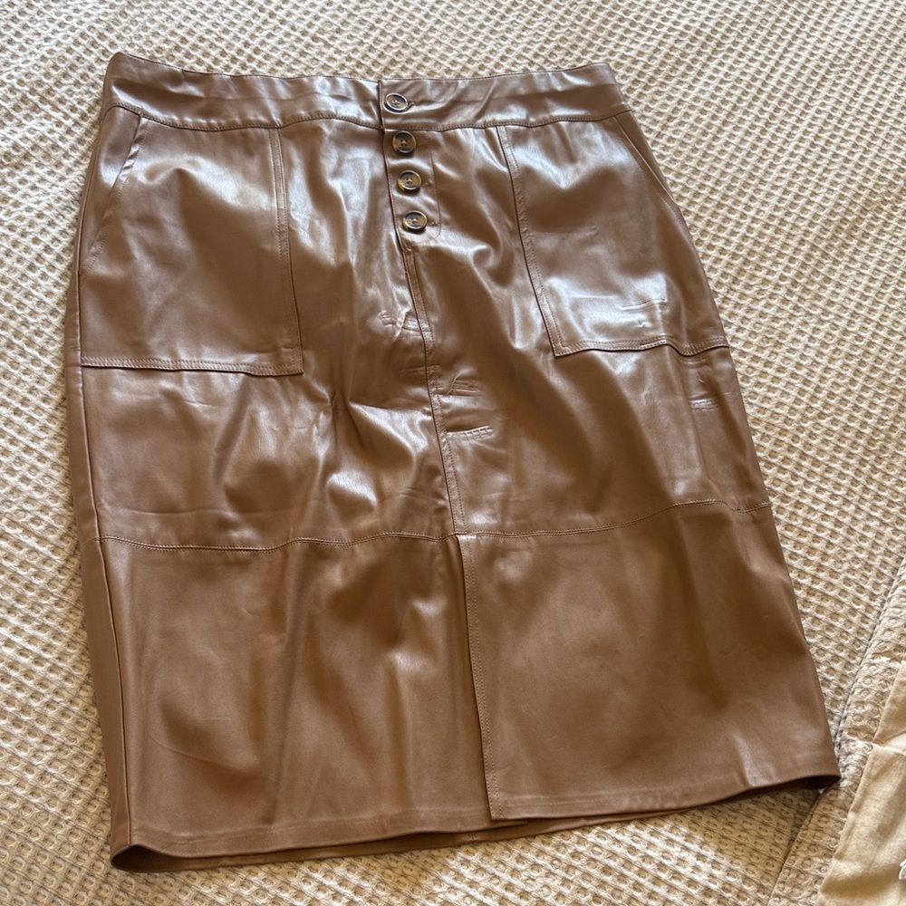 Cato Tan Leather Pencil Skirt with Button Detail